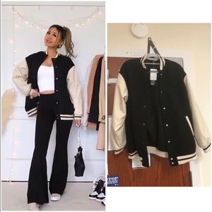 NWT Rare Blogger Favorite Vegan Leather Neutral Baseball Bomber Jacket